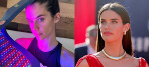 Two side-by-side photos of Sara Sampaio. On the left, she is holding a large Celluma LED red light therapy panel.  On the right, she appears to be at a movie premier.